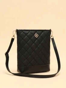 1pc Rhombus Embroidered Shoulder Diagonal Crossbody Bucket Bag, Versatile For Casual Trips - Black - View 2