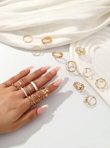 22 件波西米亚风格仿珍珠和复古几何多元素戒指套装，适合女性日常佩戴 - 金色 - 查看 5