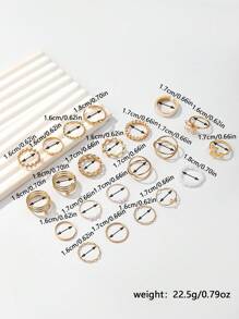 22 件波西米亚风格仿珍珠和复古几何多元素戒指套装，适合女性日常佩戴 - 金色 - 查看 4