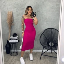 Ribbed Strapless Midi Dress - Elegance And Boldness Combined In One Piece - Màu Hồng Tươi - Xem 1