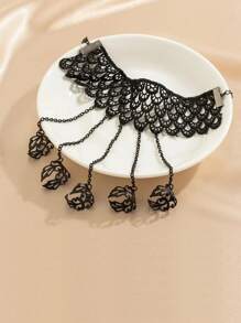 1 件黑色蕾丝手指和腕链手链，金属连接手链，适合女士，派对珠宝 - 黑色 - 查看 4