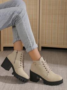 女士侧拉链系带舒适短靴