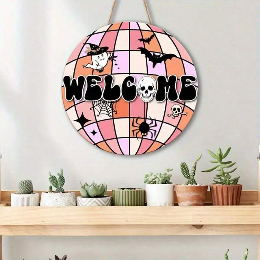 1 pieza Cartel de bienvenida de Halloween para decoración de pared - Hermoso cartel de puerta de madera falsa con diseño de bola de discoteca, calavera y decoraciones de terror, decoraciones de temporada de Halloween y Navidad