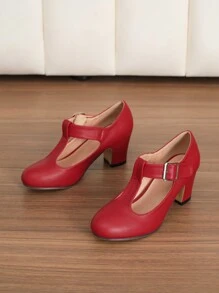 Autumn/Winter Wedding Casual Fashion High Heel Mary Jane T-Strap Shoes, Thick Heel Formal Dress Pumps, Velvet Work Office Red Shoes, Outdoor Women High Heels (Please Check Foot Length, Palm Circumference Parameters Before Purchasing) - Redwood - View 6