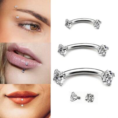 1/3pcs Stainless Steel Hypoallegenic Cubic Zirconia Gem(3MM) Lip Nails Internally Thread Curved CZ Eyebrow Stud Cartilage Stud Conch Tragus Earrings Studs Piercing Jewelry Decoration 16G 6mm 8mm 10mm Women And Men Body Pierecing Jewelry ﻿