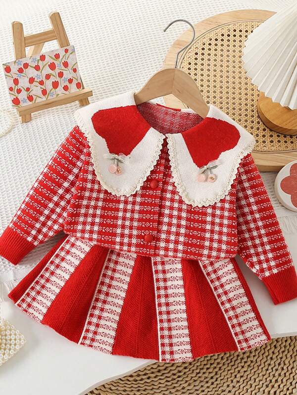 2pcs Young Girl Cute Cherry Plaid Pattern Lace Trim Knit Sweater Set, Suitable For New Year, Christmas, Holiday Party, Birthday Gift, Spring Autumn/Winter