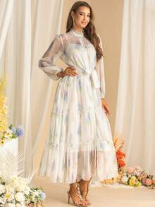 立领网纱长袖荷叶边印花收腰蓬蓬大摆连衣裙女春秋灯笼袖蛋糕长连衣裙 - 彩色 - 查看 4