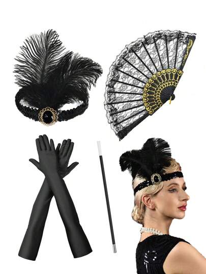 Conjunto de accesorios de 2/4 piezas para disfraz de mujer estilo años 20 flapper, incluye abanico plegable de encaje y flores, diadema con plumas, guantes largos - ideal para fiestas de Halloween, Gatsby o de gala, con diadema de plumas artificiales