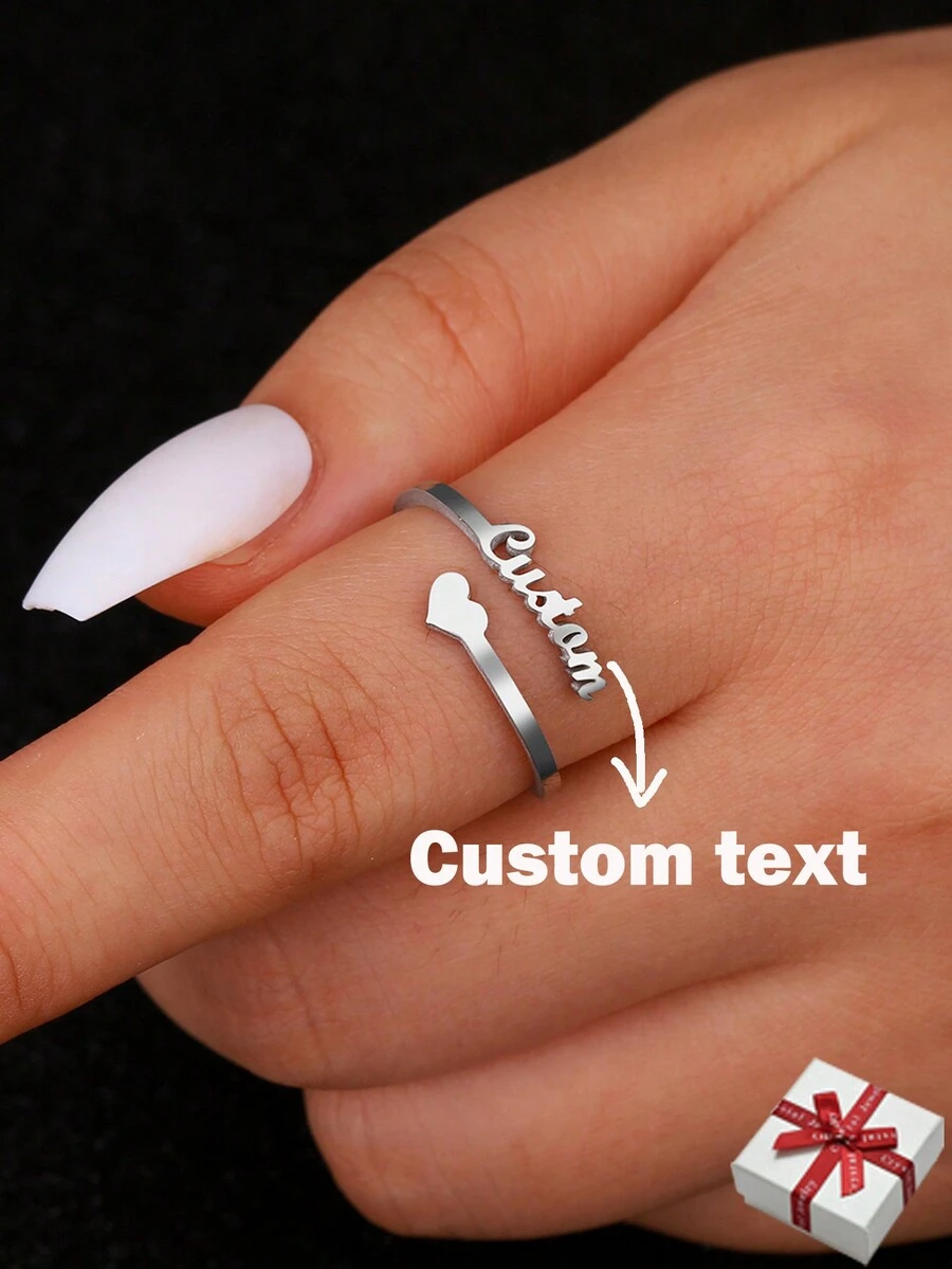 Customized Name Ring, Personalized Jewelry, Stainless Steel Adjustable Ring, Couple Gift - Silver - View 1