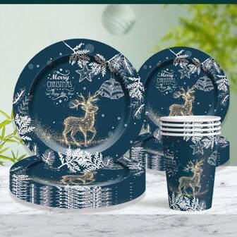 圣诞装饰 60 件/套圣诞主题一次性派对餐具套装，包括驯鹿设计一次性盘子、圣诞快乐一次性杯子、圣诞主题派对用品