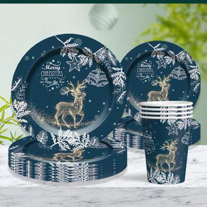 圣诞装饰 60 件/套圣诞主题一次性派对餐具套装，包括驯鹿设计一次性盘子、圣诞快乐一次性杯子、圣诞主题派对用品