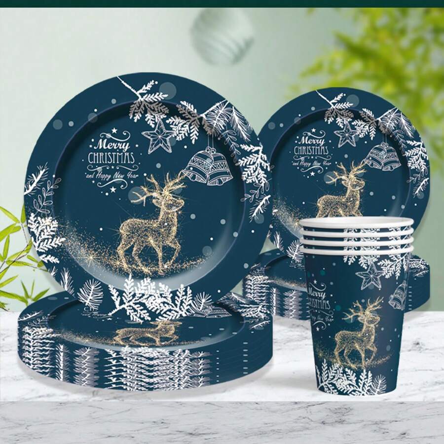 圣诞装饰 60 件/套圣诞主题一次性派对餐具套装，包括驯鹿设计一次性盘子、圣诞快乐一次性杯子、圣诞主题派对用品 - 彩色 - 查看 1