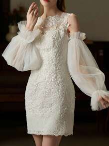 1 对优雅可拆卸灯笼式薄纱婚纱袖子，荷叶边饰边，纯色，有弹性，非常适合新娘礼服和摄影秋季女士服装 - 彩色 - 查看 11