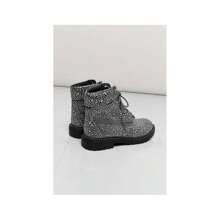 Lace Up Rhinestone Glitter Combat Boots, Metallic Boots Vacation Shoes Halloween Wonderful - Black - View 8