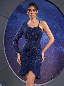 Vestido cruzado asimétrico elegante con flecos para mujer, vestido de fiesta formal de manga larga para eventos de boda, graduación, cena - Azul Marino - Ver 6