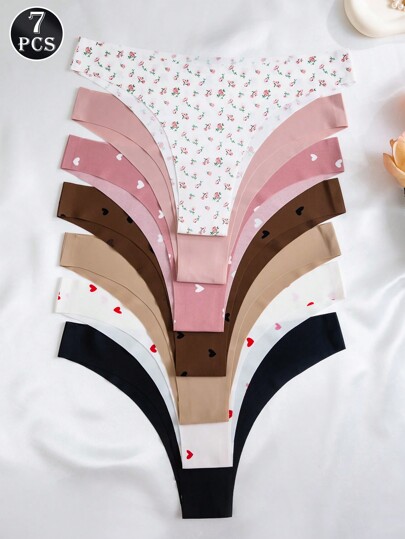 7 paires de culottes sexy sans couture à taille basse pour femmes, avec des motifs cœurs et fleurs marguerite. Respirantes, convenant pour le fitness et les sports
