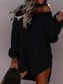 Plus Size Women's Solid Color V-Neck Drop Shoulder Long Sleeve Loose Casual Knit Pullover Top, Suitable For Autumn/Winter[Back To School Season] - Black - View 4
