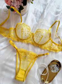 2pcs Women Sexy Lingerie Set, Yellow Mesh Floral Embroidered Sheer Bra And Panty, Intimate Apparel For Valentine's Day, Nightclub, Rave - Yellow - View 2