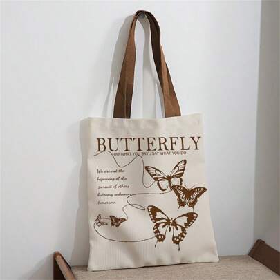蝴蝶图案双面印花单肩包印花手提包休闲旅行沙滩包大容量可重复使用单肩购物袋女士休闲单肩包手提包大容量帆布沙滩包手提包购物袋印花女士杂货单肩包返校、学校用品、商店返校、教室、贝壳