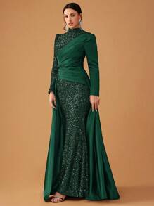 YISIKADO Váy dạ hội trang trọng cho nữ, Váy dài tay cổ đứng viền sequin & satin thanh lịch, Váy dạ hội, Cho khách dự tiệc cưới, Tốt nghiệp, Váy dự tiệc tối - Màu xanh lá cây đậm - Xem 6