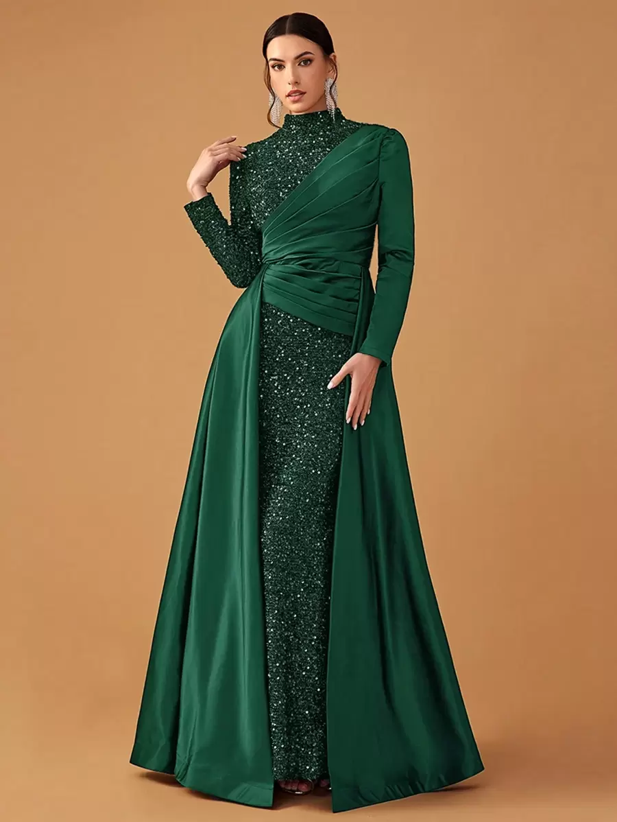 YISIKADO Váy dạ hội trang trọng cho nữ, Váy dài tay cổ đứng viền sequin & satin thanh lịch, Váy dạ hội, Cho khách dự tiệc cưới, Tốt nghiệp, Váy dự tiệc tối