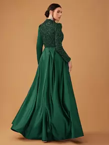 YISIKADO Váy dạ hội trang trọng cho nữ, Váy dài tay cổ đứng viền sequin & satin thanh lịch, Váy dạ hội, Cho khách dự tiệc cưới, Tốt nghiệp, Váy dự tiệc tối - Màu xanh lá cây đậm - Xem 3