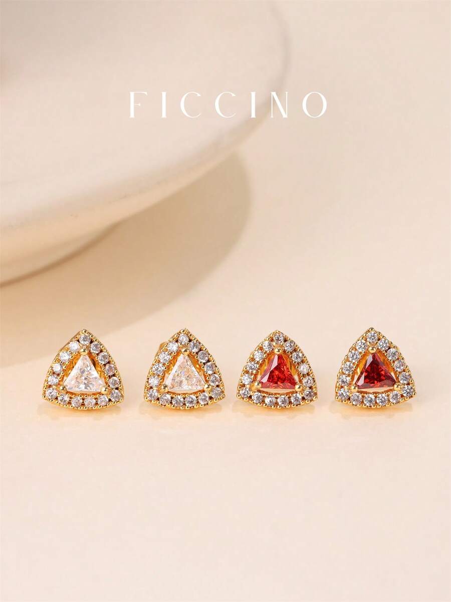 Bông tai hình tam giác FICCINO, mạ vàng với đá Cubic Zirconia màu, Bông tai thời trang nữ, Thanh lịch để đeo hàng ngày, Ngày tưởng niệm, Quà tặng ngày lễ có hộp đựng trang sức - 1490e - Xem 1