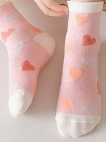 5 双可爱女孩袜子，粉色爱心设计，百搭中筒袜，适合 0-14 岁 - 粉色 - 查看 6
