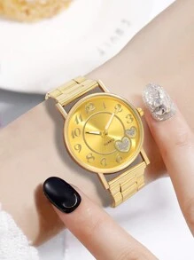 JasonRolls 5件套女士手表套装，时尚奢华心形金色表壳搭配钢质表带，合金材质，合金手链套装，日常佩戴搭配，手表手链套装，女士礼物 - 金色 - 查看 4