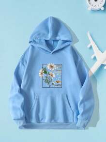 Sudadera Casual con Capucha Floral Otoño Invierno Mujer con Gorro Cordón y Bolsa Canguro Mujer Camiseta casual versátil - Azul - Ver 1