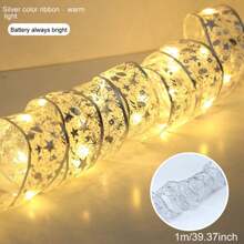 1 st. LED-kerstlintverlichting 39,37/78,74/196,85/393,7 inch zilver/gouden lint met koperdraad, feeënlichtsnoer, kerstboom, decoratief lint, strikken, lampen, op batterijen, voor thuis, tuin, tuin, bruiloft, verjaardag, feest, kerstboom, festivals, nieuwjaarsdecoratie (1/2/5/10 m gouden/zilveren lint; warm wit/wit/kleurrijk licht), kamerdecoratie, kerstdecoratie, kerstverlichting, slaapkamerdecoratie, woondecoratie, feestdecoratie, vakantie, festival, kerstcadeau, Thanksgiving, kerstboomdecoratie, ornamenten
