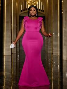 Faeriesty 加大荷叶边美人鱼下摆礼服，优雅舞会晚礼服，适合婚礼嘉宾、毕业典礼、晚宴 - 玫紅色 - 查看 6