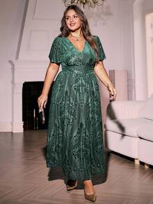 Simplee Plus Size Women's Elegant Vintage Velvet Cutout Waistline Ruffle Butterfly Sleeve Dress, Party Gown, Spring