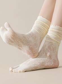 1 par de calcetines de dos dedos con estilo japonés Majilaloryta con ribete de encaje para mujer