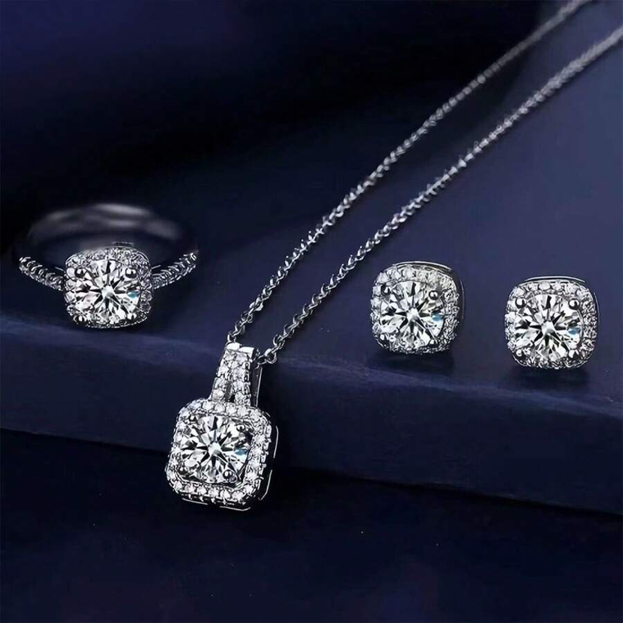 European American Style Jewelry Set Diamond Earring With Niche Design Ring Necklace Matching Jewelry Chain - 銀色 - 查看 1