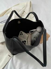 Hatastic Vintage &Retro Bag Ladies' Fashionable Casual All-Match Pu Solid Color Stitching Large Capacity Handbag Tote Shoulder Bag, School Bag, Large Capacity, Portable, Classic Casual, Business Casual, For Teen Girls Women College Students, White-Collar Workers, Perfect For Work, Back To School, Middle School, High School, College, Vacation, New In Fall/Winter Large Capacity Shoulder Tote Bag Gifts Music Fest - Black - View 11