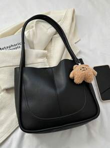Hatastic Vintage &Retro Bag Ladies' Fashionable Casual All-Match Pu Solid Color Stitching Large Capacity Handbag Tote Shoulder Bag, School Bag, Large Capacity, Portable, Classic Casual, Business Casual, For Teen Girls Women College Students, White-Collar Workers, Perfect For Work, Back To School, Middle School, High School, College, Vacation, New In Fall/Winter Large Capacity Shoulder Tote Bag Gifts Music Fest - Black - View 8