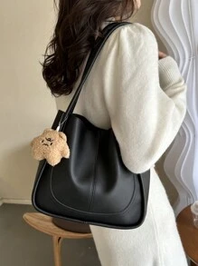 Hatastic Vintage &Retro Bag Ladies' Fashionable Casual All-Match Pu Solid Color Stitching Large Capacity Handbag Tote Shoulder Bag, School Bag, Large Capacity, Portable, Classic Casual, Business Casual, For Teen Girls Women College Students, White-Collar Workers, Perfect For Work, Back To School, Middle School, High School, College, Vacation, New In Fall/Winter Large Capacity Shoulder Tote Bag Gifts Music Fest - Black - View 7