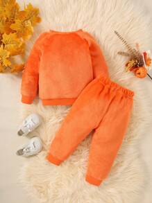2pcs Baby Boy Pumpkin & Ghost Print Fleece Pullover & Set, Autumn - Orange - View 2