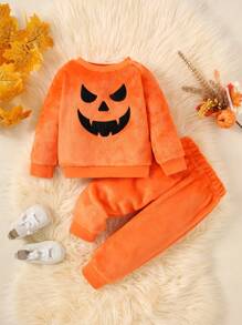 2pcs Baby Boy Pumpkin & Ghost Print Fleece Pullover & Set, Autumn - Orange - View 1