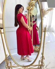 Women's Plain Short Sleeve Midi Dress - 紅色 - 查看 2