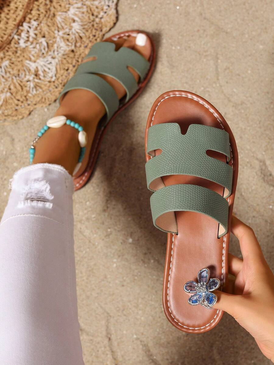 New Spring/Summer Fashion Casual Strap Slide Slippers For Women, Comfortable Flat Heel Open Toe Sandals, Beach Sandals, Simple & Versatile Design - Olive Green - View 1