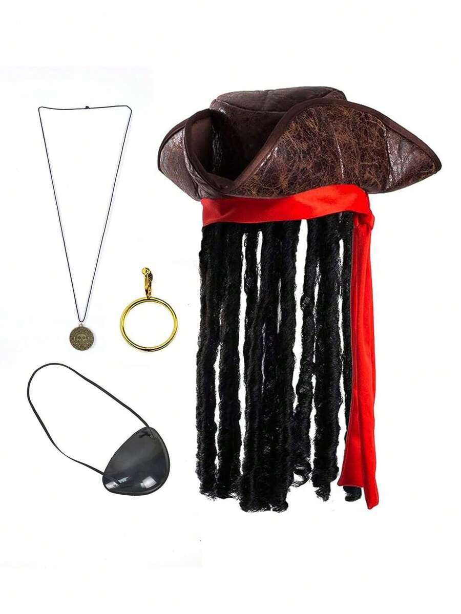 4pcs Halloween Pirate Costume Set Red Bandana, Wig, Pirate Hat, Skull