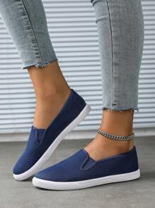 Zapatillas deportivas clásicas de unicolor de lona, de mujer, informales, transpirables y de estilo slip-on - Azul - Ver 4