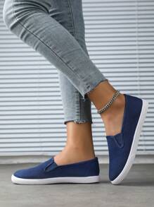 Zapatillas deportivas clásicas de unicolor de lona, de mujer, informales, transpirables y de estilo slip-on - Azul - Ver 3