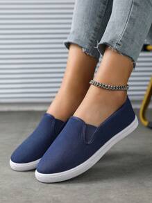 Zapatillas deportivas clásicas de unicolor de lona, de mujer, informales, transpirables y de estilo slip-on - Azul - Ver 1