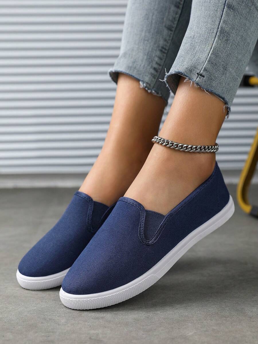 Zapatillas deportivas clásicas de unicolor de lona, de mujer, informales, transpirables y de estilo slip-on - Azul - Ver 1