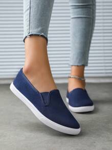 Zapatillas deportivas clásicas de unicolor de lona, de mujer, informales, transpirables y de estilo slip-on - Azul - Ver 2