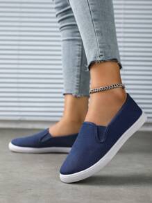 Zapatillas deportivas clásicas de unicolor de lona, de mujer, informales, transpirables y de estilo slip-on - Azul - Ver 5