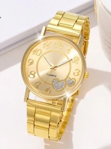 JasonRolls 5件套女士手表套装，时尚奢华心形金色表壳搭配钢质表带，合金材质，合金手链套装，日常佩戴搭配，手表手链套装，女士礼物 - 金色 - 查看 2